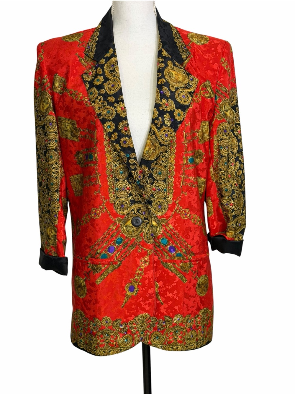 Vintage 80s 90s Howard Wolf Baroque Blazer Jacket Red Gold Jewel Chain Print